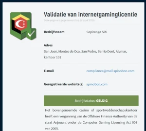 Spinobon Casino validatie van internetgaminglicentie met bedrijfsgegevens en status geldig