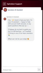 Spinobon Casino live chat met AI assistent en klantenservice interface