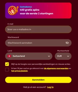 Spinobon Casino registratieformulier met e-mail, wachtwoord en bonus van 450 gratis spins
