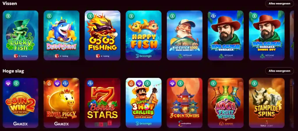 Spinobon Casino slots categorieën met vissen thema en hoge volatiliteit spellen