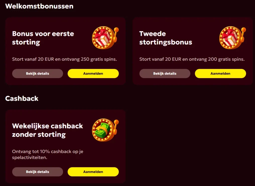 Spinobon Casino welkomstbonussen en cashback promoties met gratis spins en wekelijkse cashback